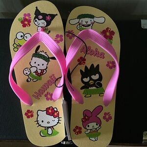 Sanrio Yellow Flip Flops with Pink Straps — Hello Kitty & Friends Hawaiian Print